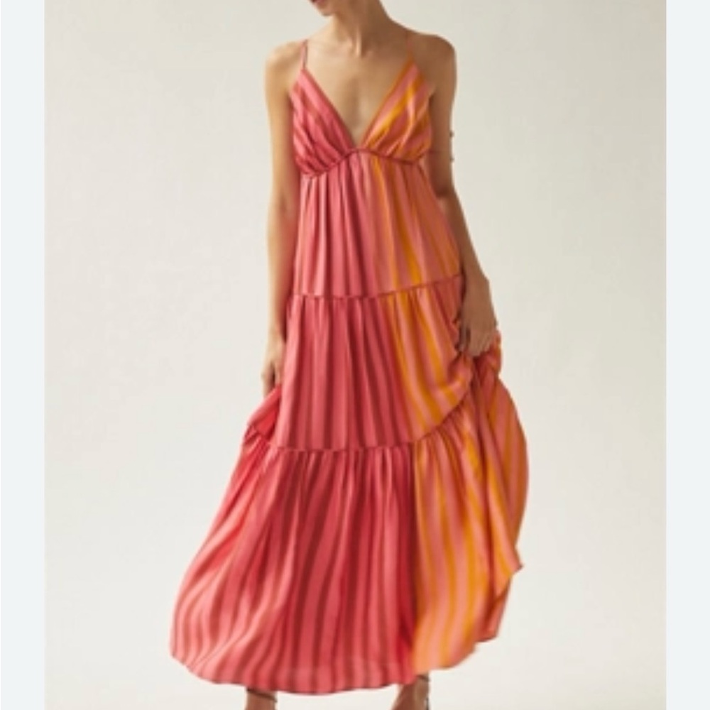 Anthropologie Pink & Orange Striped Spaghetti‑Strap Maxi Dress